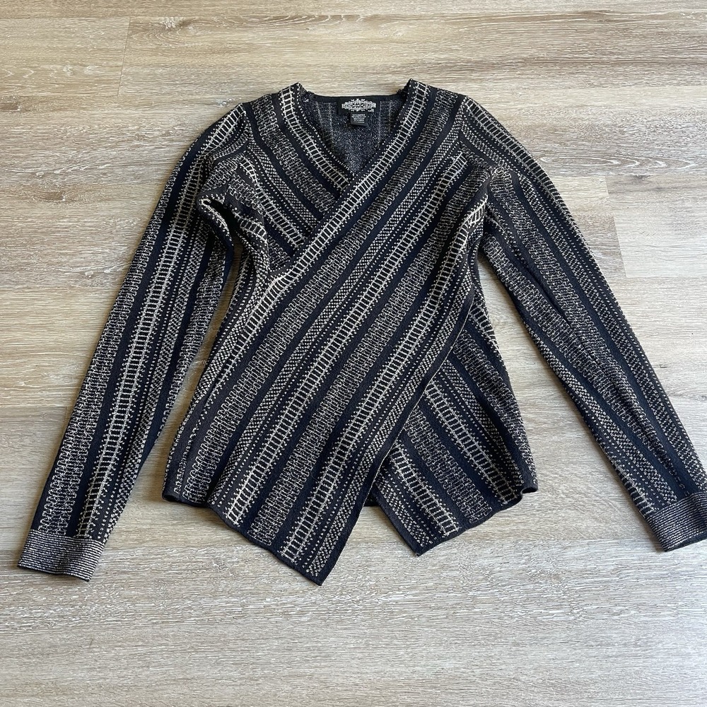 Oliver O Small Black Stretch Knit Wrap Top Asymmetrical Hem Long Sleeve Stretch
